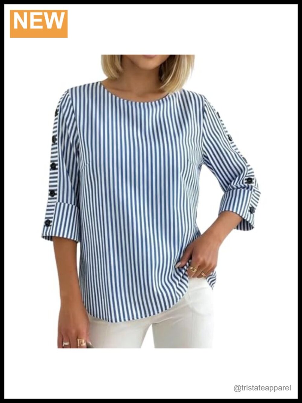 Striped 3/4 Sleeve Blouse Women Crew Neck Lightweight Daily Wear